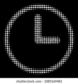 Clock halftone vector icon. Illustration style is dotted iconic clock symbol on a black background. Halftone pattern is build from circle cells.