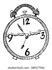 Clock. Hand drawn vintage alarm clock  Sketch style.Time outline. Isolated vector illustration. Black and white graphics.