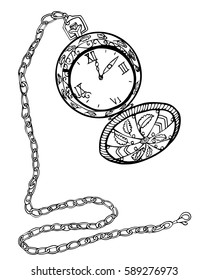 Clock. Hand drawn vintage  pocket watch.  Sketch style.Time outline. Isolated vector illustration. Black and white graphics.