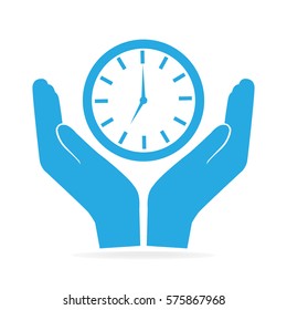 Clock in hand icon illustration. Protect, care, safe time concept