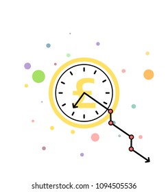 Clock Hand Line Graph Going down. Falling / Decreasing Currency Value of UK Pound. Business and Sales Going Down Concept