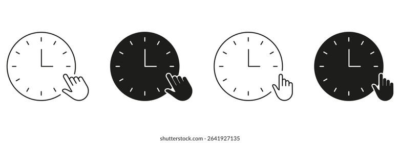 Clock With Hand Pointer Line And Solid Icon Set. Time Management, Scheduling, And User Interaction Symbol Collection. Concept Of Setting Alarms And Reminders. Isolated Vector Illustration.