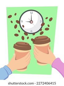 Clock and hands of friends or colleagues holding coffee cups. People drinking morning drink together in cafe, coffee shop or house vector illustration. Coffee culture, communication concept