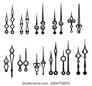 Clock hands set collection. Isolated watch arrows and time pointers. Old vintage hour, minute and second hands vector silhouettes with antique decorations and metal ornaments. 