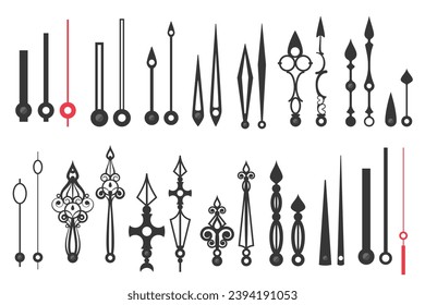 Clock hands set vector illustration. Thin black and red line time pointers, silhouettes of steampunk minute and hour arms, metal antique arrows with Roman ornamental decoration for analog clock face