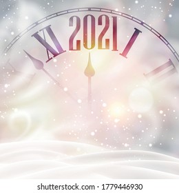 Clock hands showing 2021 year instead of 12 o'clock. Creative clock with shiny snowflakes. Vector holiday illustration.