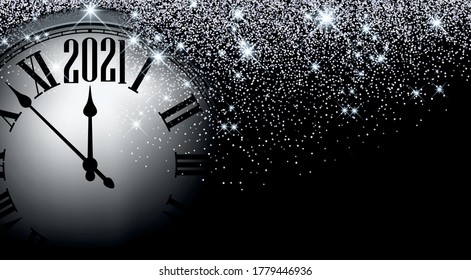 Clock hands showing 2021 year instead of 12 o'clock. Creative dark clock with silver confetti and shiny stars on black background. Vector holiday illustration.