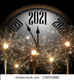 Clock hands showing 2021 year between 2020 and 2022. Creative dark clock with gold sparkles on black background. Vector holiday illustration.