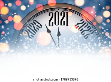 Clock hands showing 2021 year between 2020 and 2022. Creative clock with bright colorful spots on blue background. Some space for your text. Vector holiday illustration.