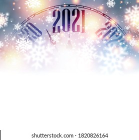 Clock hands showing 2021 year between 2020 and 2022. Creative clock with shiny lights and snowflakes on bright multicolored background. Vector holiday illustration.