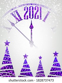 Clock hands showing 2021 year instead of 12 o'clock. Creative violet clock with shiny lights confetti on light grey background. Sparkling violet christmas trees with stars on tops. Vector illustration
