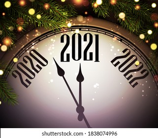 Clock hands showing 2021 year between 2020 and 2022. Creative red clock with spruce branches and shiny lights. Vector holiday illustration.