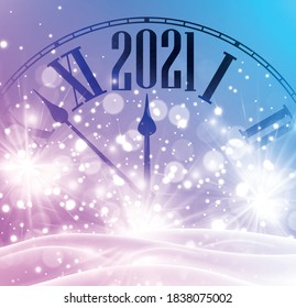 Clock hands showing 2021 year. Creative clock with snowdrift and snowflakes on shiny blue and lilac background. Vector holiday illustration.