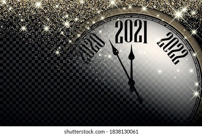 Clock hands showing 2021 year instead of 12 o'clock. Creative dark clock with gold confetti and shiny stars on transparent background. Vector holiday illustration.