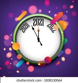 Clock hands showing 2021 year between 2020 and 2022. Creative clock with green outline and multicolored blurred confetti on violet background. Vector holiday illustration.