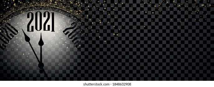 Clock hands showing 2021 year between 2020 and 2022 instead of 12 o'clock. Creative dark clock with gold confetti stars on transparent background. Vector holiday illustration.