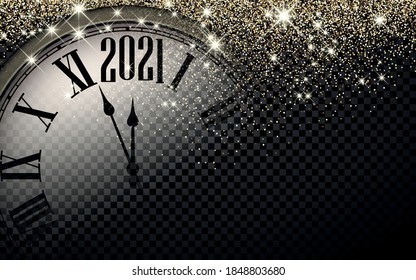 Clock hands showing 2021 year instead of 12 o'clock. Creative dark clock with gold confetti and shiny stars on transparent background. Vector holiday illustration.