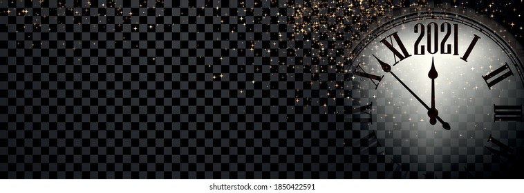 Clock hands showing 2021 year instead of 12 o'clock. Creative dark clock with bronze confetti on transparent background. Vector holiday illustration.