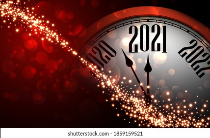 Clock hands showing 2021 year between 2020 and 2022. Creative dark clock with shiny lights on red bubble background. Vector holiday illustration.