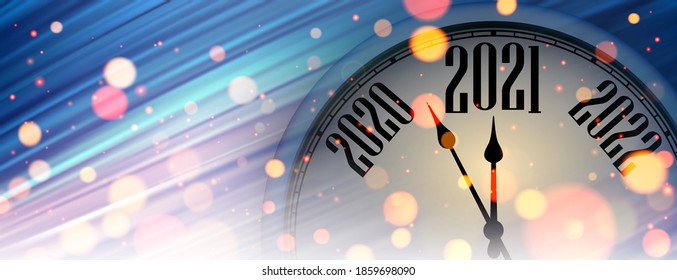 Clock hands showing 2021 year between 2020 and 2022. Creative clock with bright colorful spots on blue and lilac brush strokes background. Vector holiday illustration.