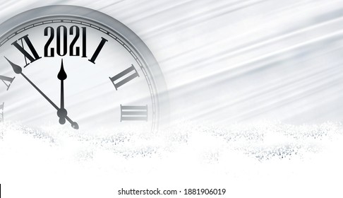 Clock hands showing 2021 year instead of 12 o'clock. Creative clock on light grey brush strokes background. Vector holiday illustration.