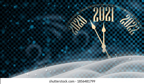 Clock hands showing 5 minutes to 2021 year. Creative clock on blue transparent background. Vector holiday illustration.