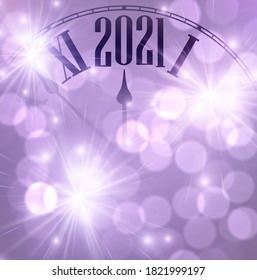 Clock hands showing few minutes to 2021 year. Creative clock on shiny sparkling violet background with lights and firework. Vector holiday illustration.