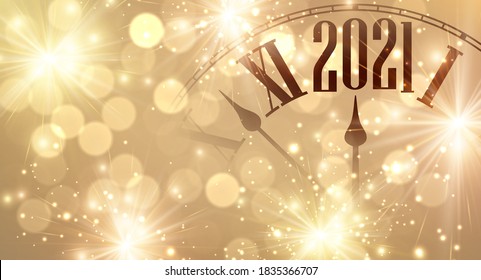 Clock hands showing few minutes to 2021 year. Creative clock on gold sparkling background with lights and fireworks. Vector holiday illustration.