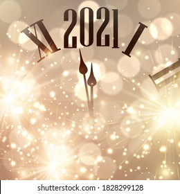 Uhrenhänder zeigen eine Minute bis 2021 Jahr. Kreative Uhr auf goldenem, funkelndem Hintergrund mit Licht und Feuerwerk. Vektorgrafik für Feiertage.
