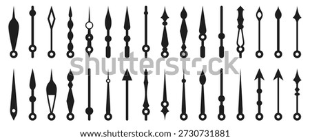 Clock hands silhouettes collection in black. Various classic and decorative clock pointer shapes