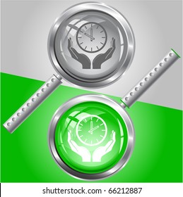 clock in hands. Vector magnifying glass.
