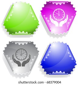 clock in hands. Vector sticker.
