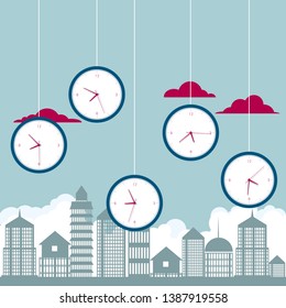 The clock hangs over the city. The background is blue.