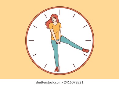 Clock with happy woman with hand together communicating importance of time management and control over one own schedule. Girl shows time, calling to save every second and increase work productivity