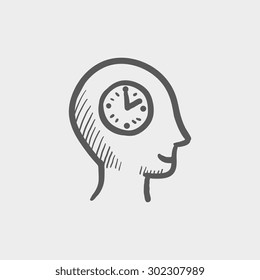Clock in head sketch icon for web and mobile. Hand drawn vector dark grey icon on light grey background.