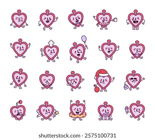 Clock heart cute cartoon character set with cheerful poses, festive emotions, valentines theme, magic wand, swimming ring, charming details, smiling faces, and adorable expressions