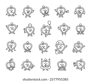 Clock heart cute cartoon character set with cheerful poses, festive emotions, valentines theme, magic wand, swimming ring, charming details, smiling faces, and adorable expressions