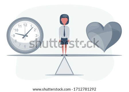 A clock and a heart hung together on a rope. Time and love concept. Woman standing on seesaw. Vector flat design illustration.