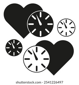 Clock and heart shapes. Love and time concept. Black and white icons. Vector illustration.