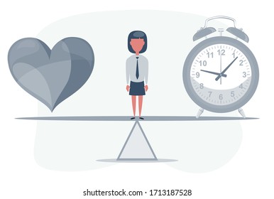A clock and a heart together. Time and love concept. Woman standing on seesaw. Vector flat design illustration.