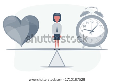 A clock and a heart together. Time and love concept. Woman standing on seesaw. Vector flat design illustration.