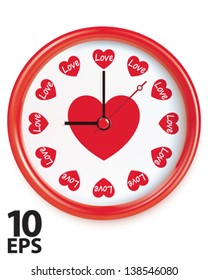 Clock with hearts. Isolated on white. Vector