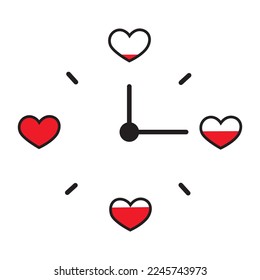 Clock with hearts. Valentine day concept. Test with full indicator of level passion.Vector Illustration