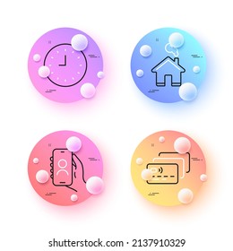 Clock, Home and User call minimal line icons. 3d spheres or balls buttons. Card icons. For web, application, printing. Time or watch, House building, Smartphone login. Bank payment. Vector