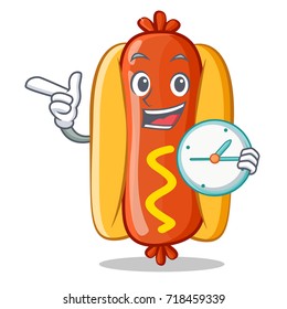 With clock Hot Dog Cartoon Character