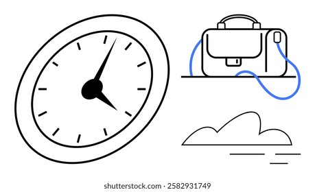 Clock with hour and minute hands, briefcase with strap, and cloud illustration. Ideal for work-life balance, punctuality, business travel, professional themes, time management, cloud services, modern