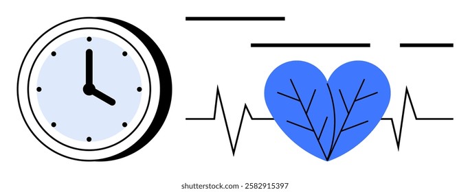 Clock with hour and minute hands near a heartbeat line leading to a blue heart with veins. Ideal for healthcare, medical technology, fitness, wellness, cardiology, time management, and health