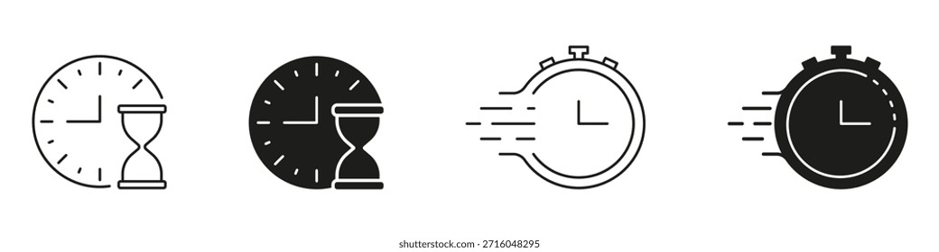Reloj Y Reloj De Arena Con Conjunto De Iconos De Cronómetro. Gestión Del Tiempo, Eficiencia Y Límite De Plazo Seguimiento Esquema Y Silueta Símbolo De Colección. Concepto De Velocidad Y Precisión. Ilustración vectorial aislada.