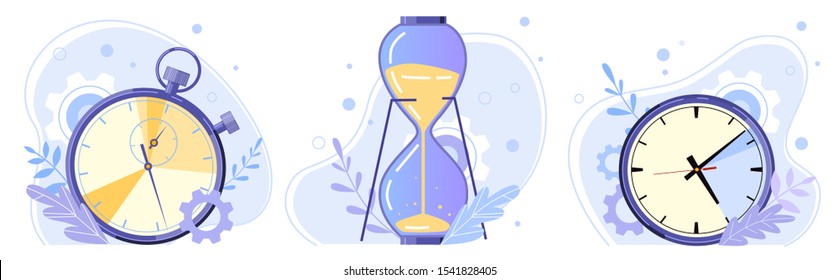 Clock, hourglass and stopwatch. Watch hours, timer countdown and sandglass flat vector illustration set. Time control concept. Sport and home timekeepers. Retro timepiece types pack