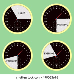 Clock hours, time of day morning, afternoon, evening, night. Watch cycle icon, day and night. Vector illustration